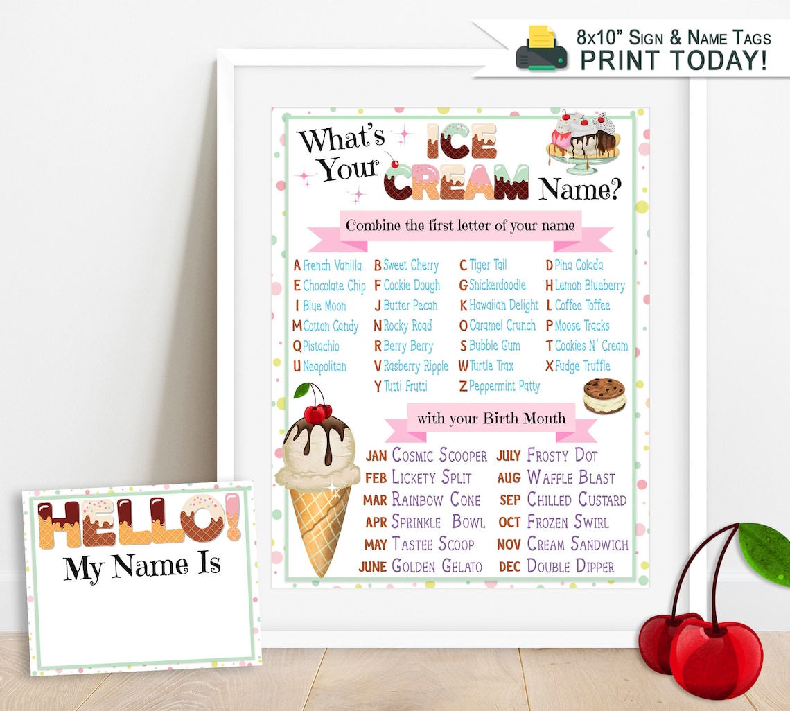Whats Your Ice Cream Name Game Printable Sign & Name Tags Etsy UK