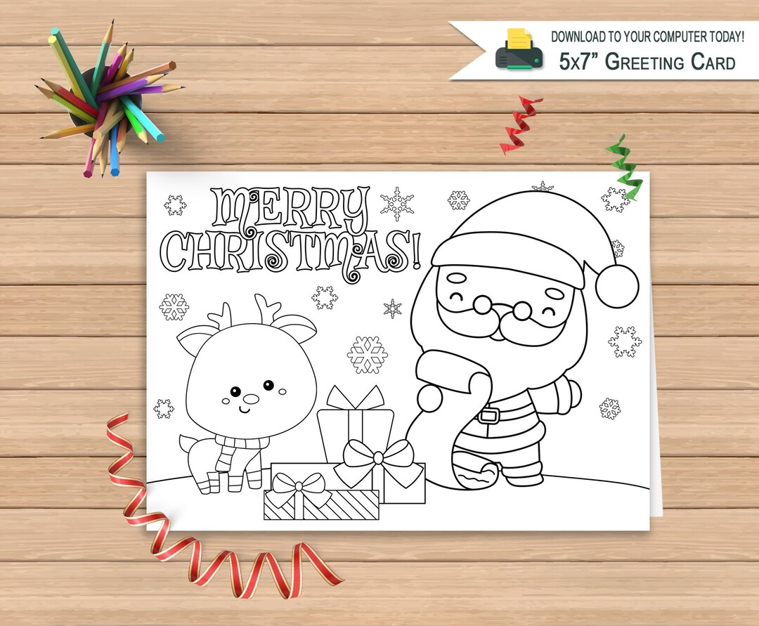 Merry Christmas Coloring Card Printable Greeting Card Kids - Etsy