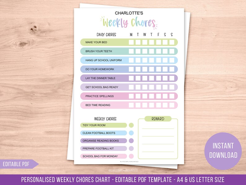 Editable Kids Chore Chart Chore Chart Printable for Kids Weekly Chore ...