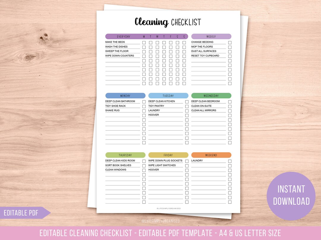 Printable Cleaning Checklist Editable Cleaning Planner Weekly Cleaning ...