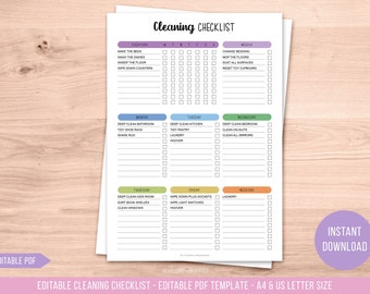 Printable Cleaning Checklist - Editable Cleaning Planner - Weekly Cleaning Chart for adults - Clean Home Routine - Instant Download