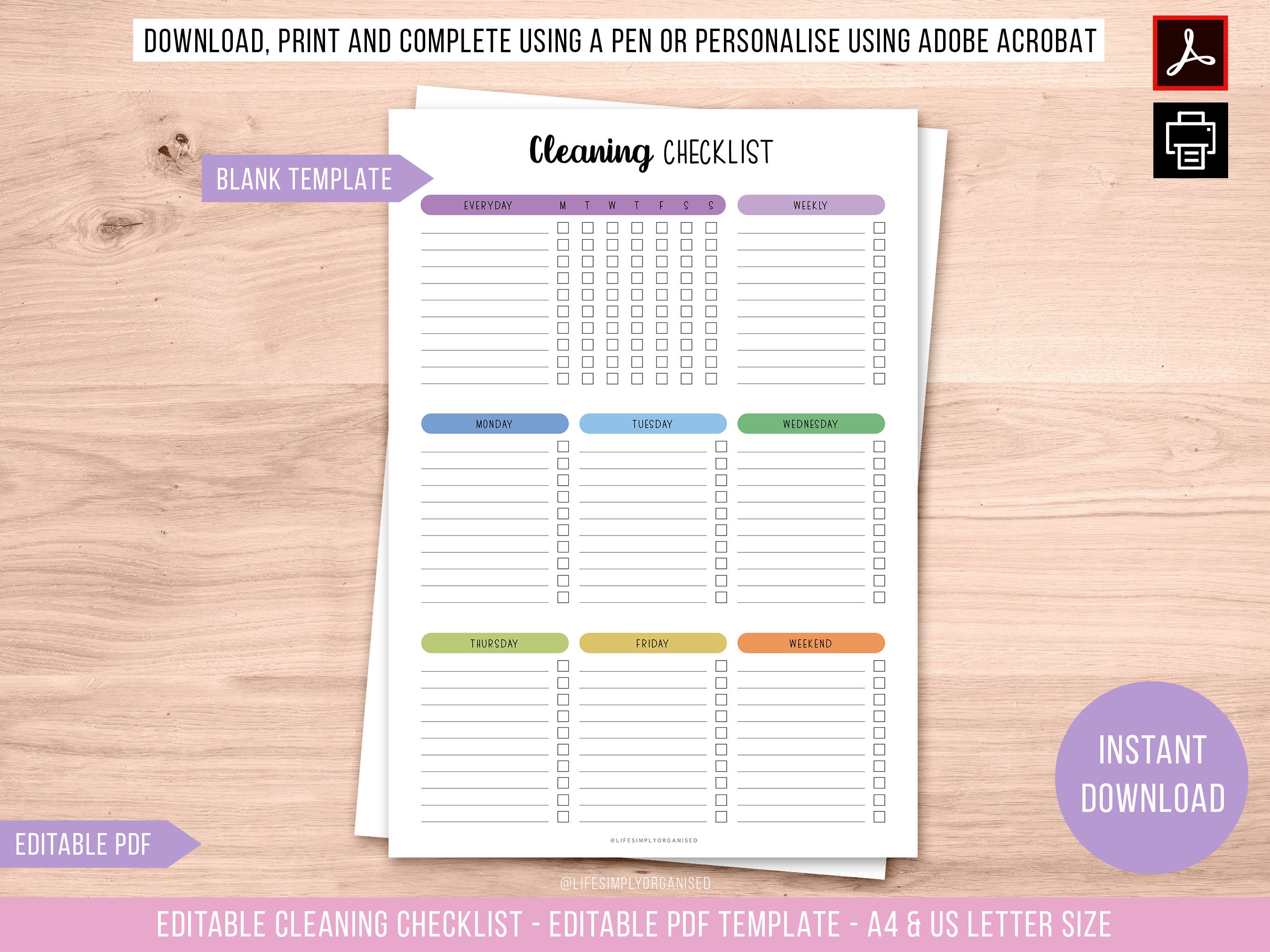 Printable Cleaning Checklist Editable Cleaning Planner Weekly Cleaning ...