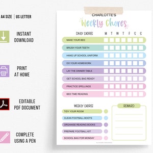 Editable Kids Chore Chart Chore Chart Printable for Kids Weekly Chore ...