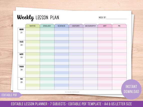 Weekly Lesson Plan Printable Editable Lesson Planner - Etsy