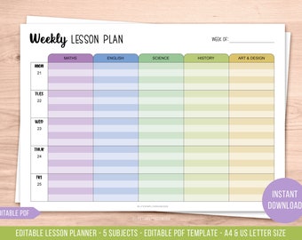Printable Weekly Lesson Plan - Editable Lesson Plan - Lesson Plan Template for Teachers - Editable Template - Instant Download