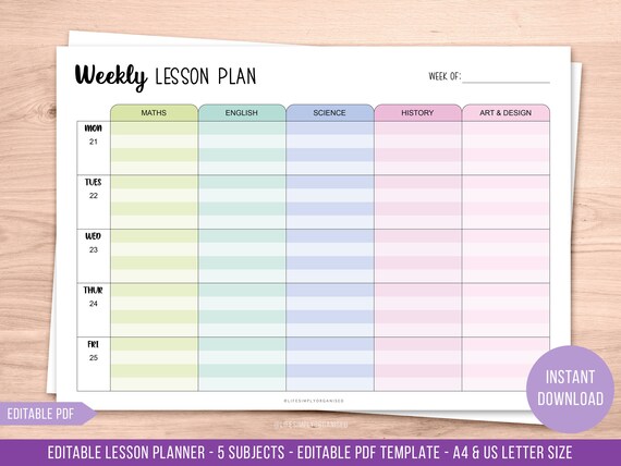 Editable Lesson Plan Template Lesson Planner Printable - Etsy