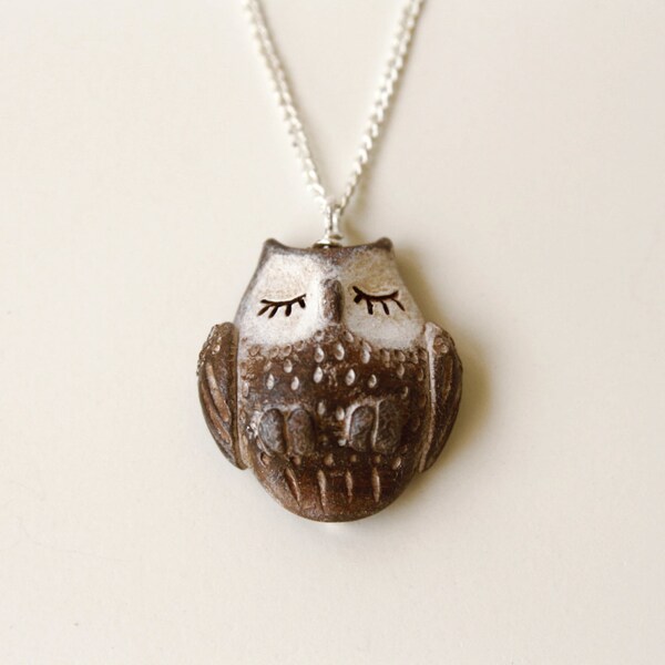 Sleepy Brown Owl - Little Woodland Critter Necklace