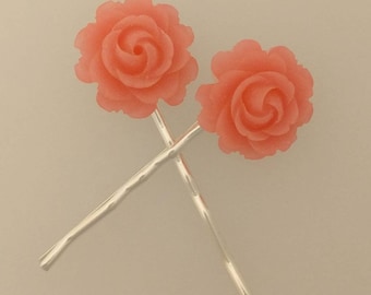 Pink Rose Hair Pins - Pair of Bobby Pins in silver