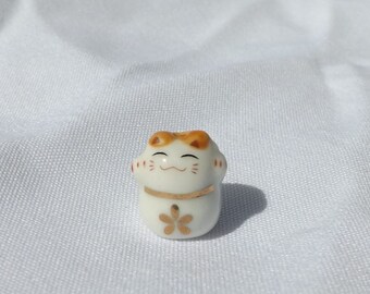 Small Porcelain Cat Bead - With Gold Flower - Maneki Neko - Beckoning Cat, Lucky Cat - Raised Paw