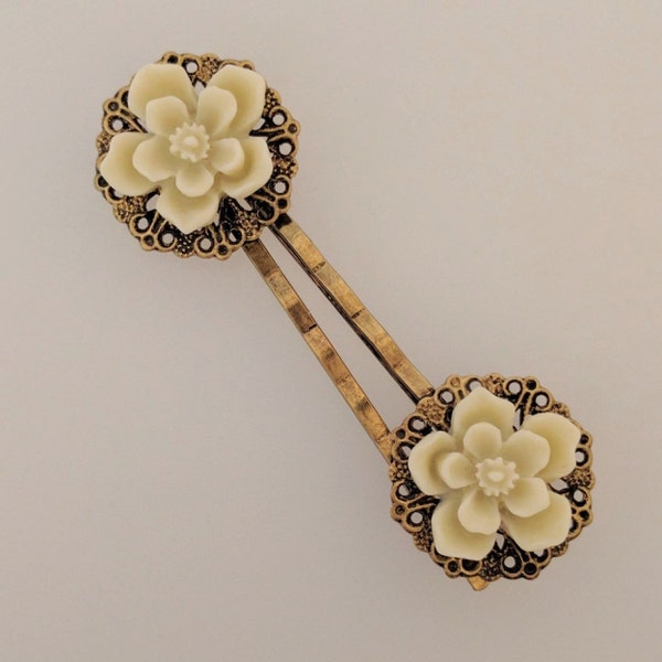 Cream Blossom Hair Pins - Pair of Antiqued Brass Bobby Pins with Filigree and Ivory Cherry Blossom