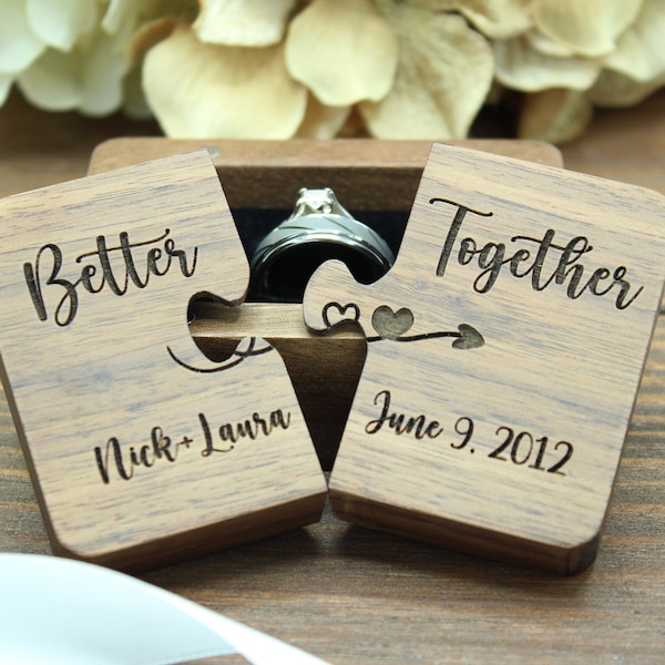 Caja de rompecabezas de anillos de madera, caja de anillos personalizada Better Together, grabado personalizado, propuesta de compromiso, portador de anillos