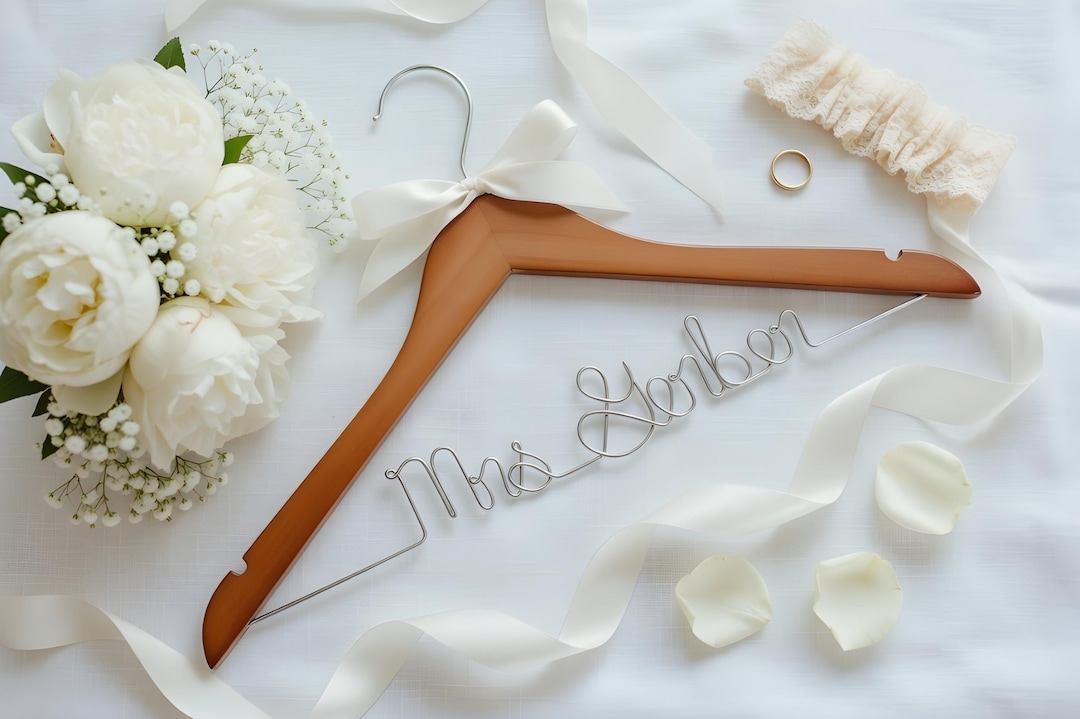 Personalized Wedding Hanger for Bride | Custom Name Bridal Dress Hanger | Wedding Day Photo Prop | Bridesmaid Gift - One Line, Natural/Gold