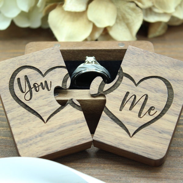 Wooden Ring Puzzle Box, You and Me Heart Ring Box, Engraved Engagement Proposal, Ring Bearer