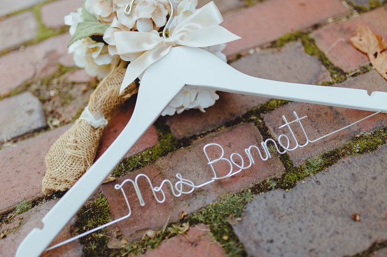 Wedding Hanger, Bride Hanger, Personalized Hanger, Bridal Hanger, Wedding Dress Hanger, Custom Wire Hanger, Mrs Name Hanger image 1