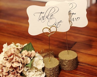 Rustic Wood Place Card Holders, Glitter Gold Table Number Holders, Log Table Numbers, Wedding Table Numbers