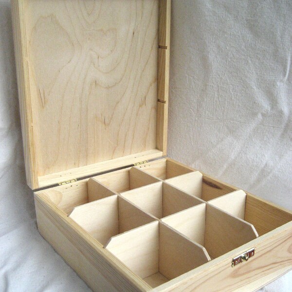 Unfinished Wooden Tea Box with 9 sections and lock -Eco-Friendly Home Decor - Wood Craft Supply