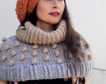 Knit Turtleneck Cowl Pattern: Bobble Stitch Shoulder Warmer (PDF)