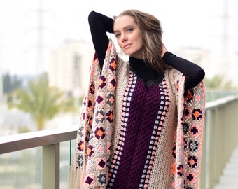 Crochet Granny Square Poncho Pattern: Multicolor Fringed Wrap (PDF)