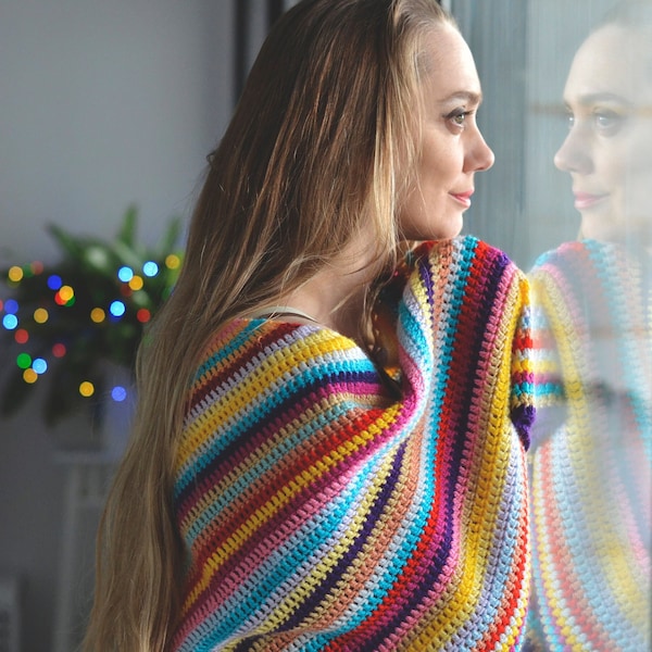 Striped shawl pattern, crochet triangle scarf pattern, crochet scarf with tassels, crocheted shawl wrap, easy DIY Christmas gift for women