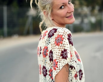 Short Sleeve Crochet Cardigan Pattern: Long Kimono Duster with Fringe  (PDF)