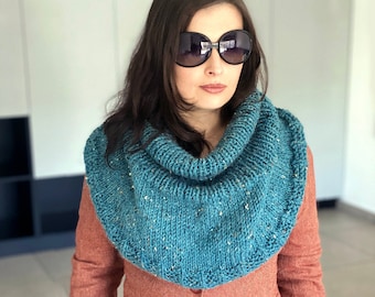 Quick hood scarf pattern, easy knitting pattern for chunky neck warmer with turtleneck, beginner friendly PDF pattern, knitted hooded scarf