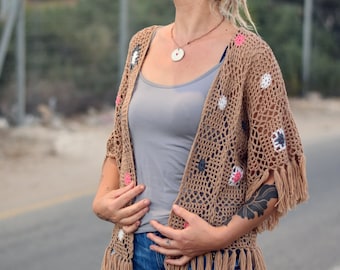 Crocheted Cardigan Pattern: Summer Fringed Kimono Shrug (PDF)