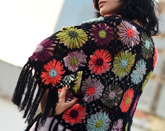 Crochet Cardigan Pattern: Flower Motif Granny Square Kimono (PDF)