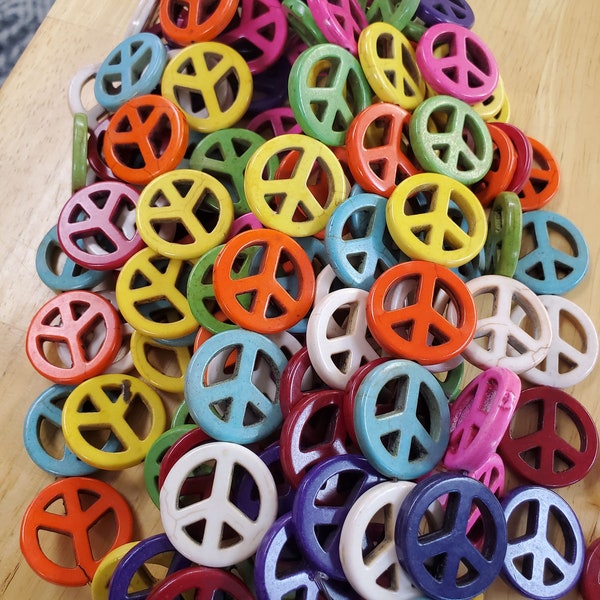 25mm Peace Sign howlite multi color stone beads (1 strand/16 beads)