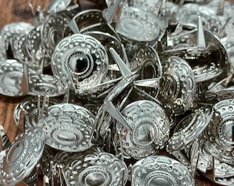 15.4mm Mini Silver Etched Two-Pronged Sunburst Round Conchos (10 pieces)