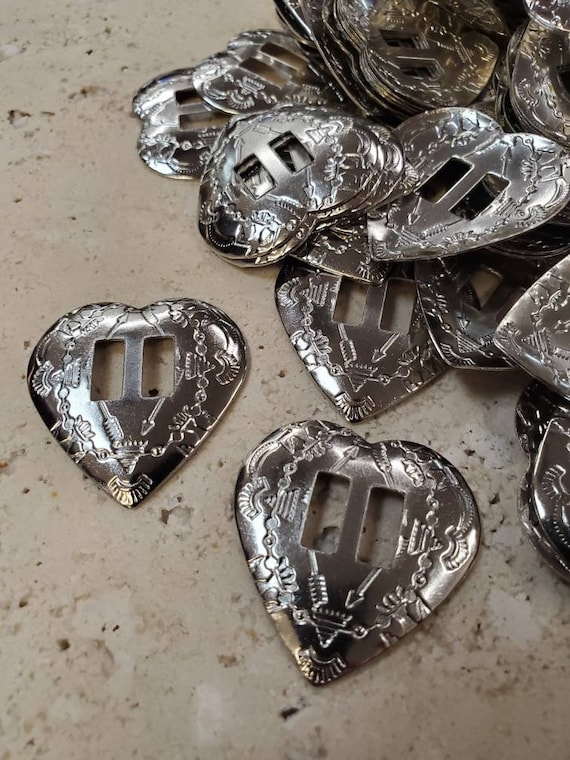 Silver Heart Conchos With Vertical Slots 6 Pieces 