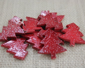 Red Wood Glitter Christmas Tree Beads (10 Pieces)