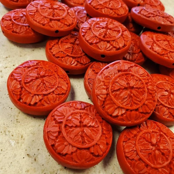 Carved Cinnabar Large Round Beads (3 Pieces)