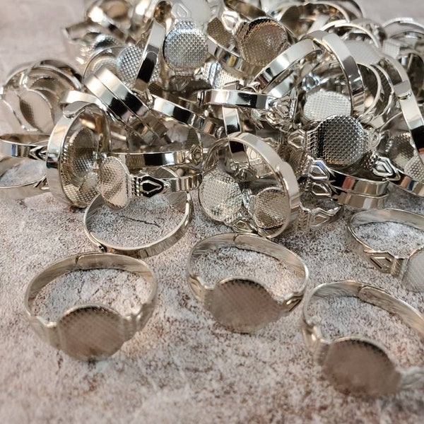 Adjustable Silver Tone Ring Blank Finding with 10mm Pad (12 Pieces)