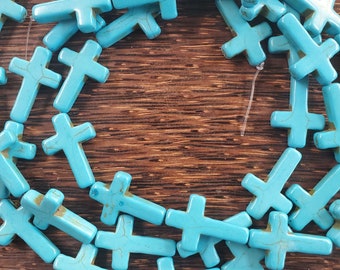 30mm turquoise color cross howlite stone beads (1 strand)