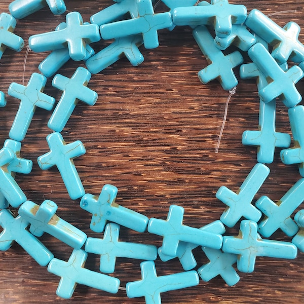 30mm turquoise color cross howlite stone beads (1 strand)