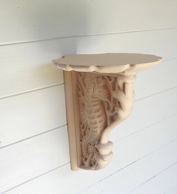 Wood Wall Sconce Shelf Seahorse Carving Ocean Decor Image 0