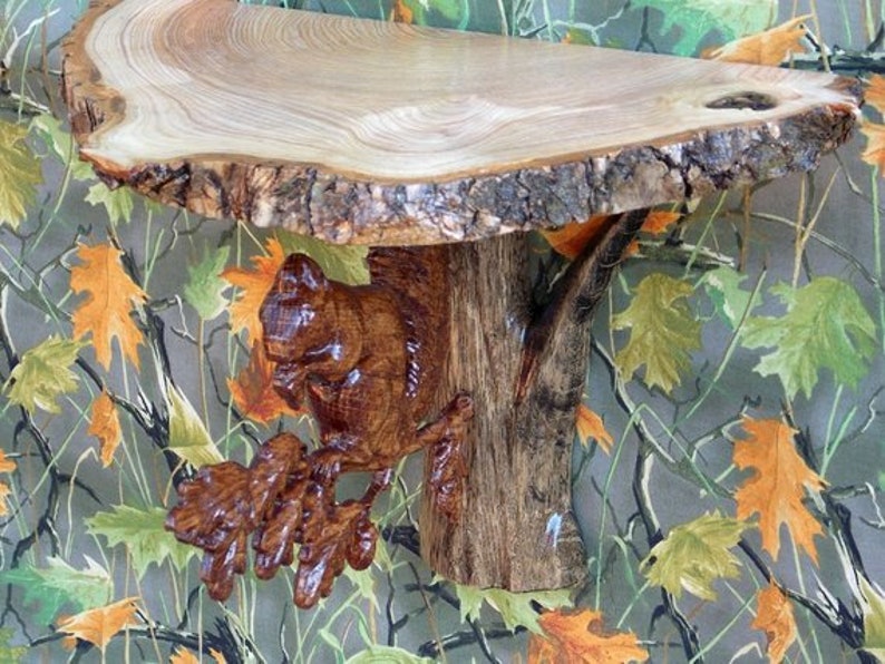 Wall Sconce With Live Edge Shelf Wood Carving Squirrel Decor Etsy