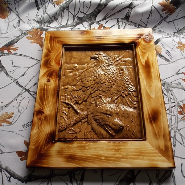 SALE CLEARANCE:  Wolf and Bald Eagle 3D Wood Carving Wall Hanging with Burnt Pine Frame