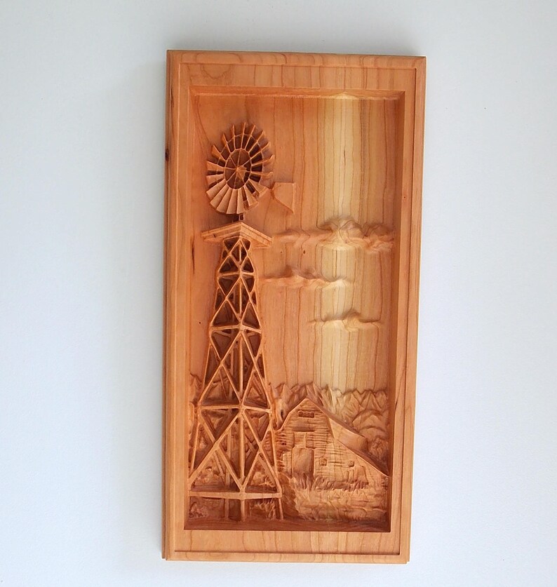 Farm Windmill With Old Barn Wood Carving Wall Hanging Carved Art Decor Size 14 X 7 Inches Cherry