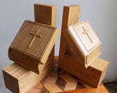 Gift for Paster Bible Bookends, Wood Carving, Bible 6 x 6", Base 3 x 3", Bracket 3 x 6", MADE TO ORDER, Oak Wood, Golden Oak Stain, Satin