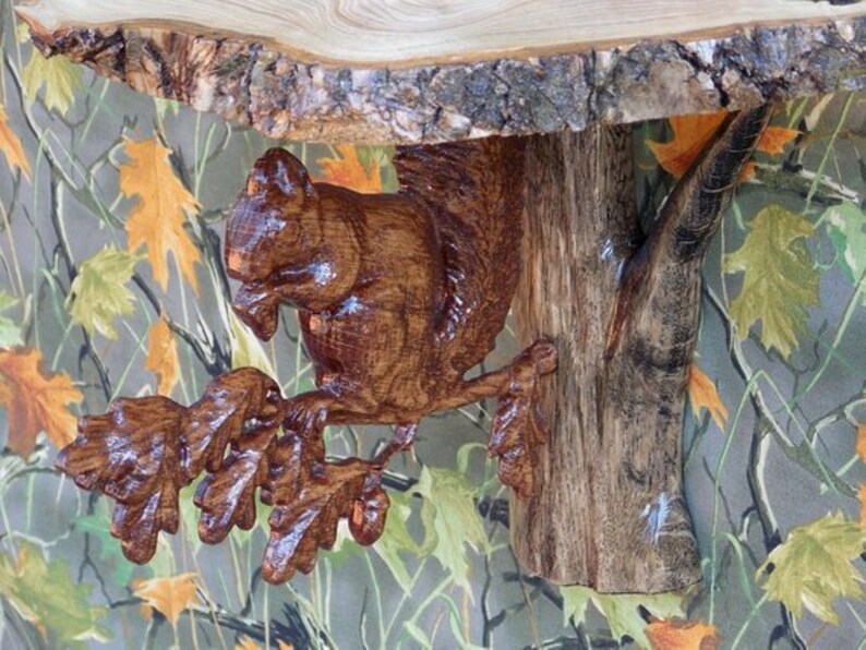 Wall Sconce With Live Edge Shelf Wood Carving Squirrel Decor Etsy