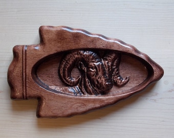 Ram Wood Carving inside Arrowhead Wall Hanging - Rustic Cabin Decor Ram- Wood Wall Decor Ram -Wood Ram - Log Cabin Art 8" x 6" x 1" Cherry