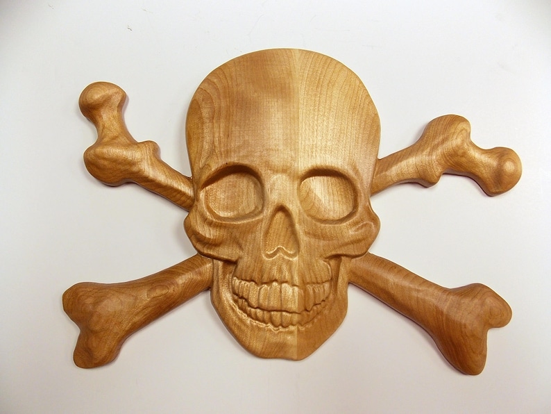 Skull and Crossbones Wood Carving Wood Wall Art Wood image 0.