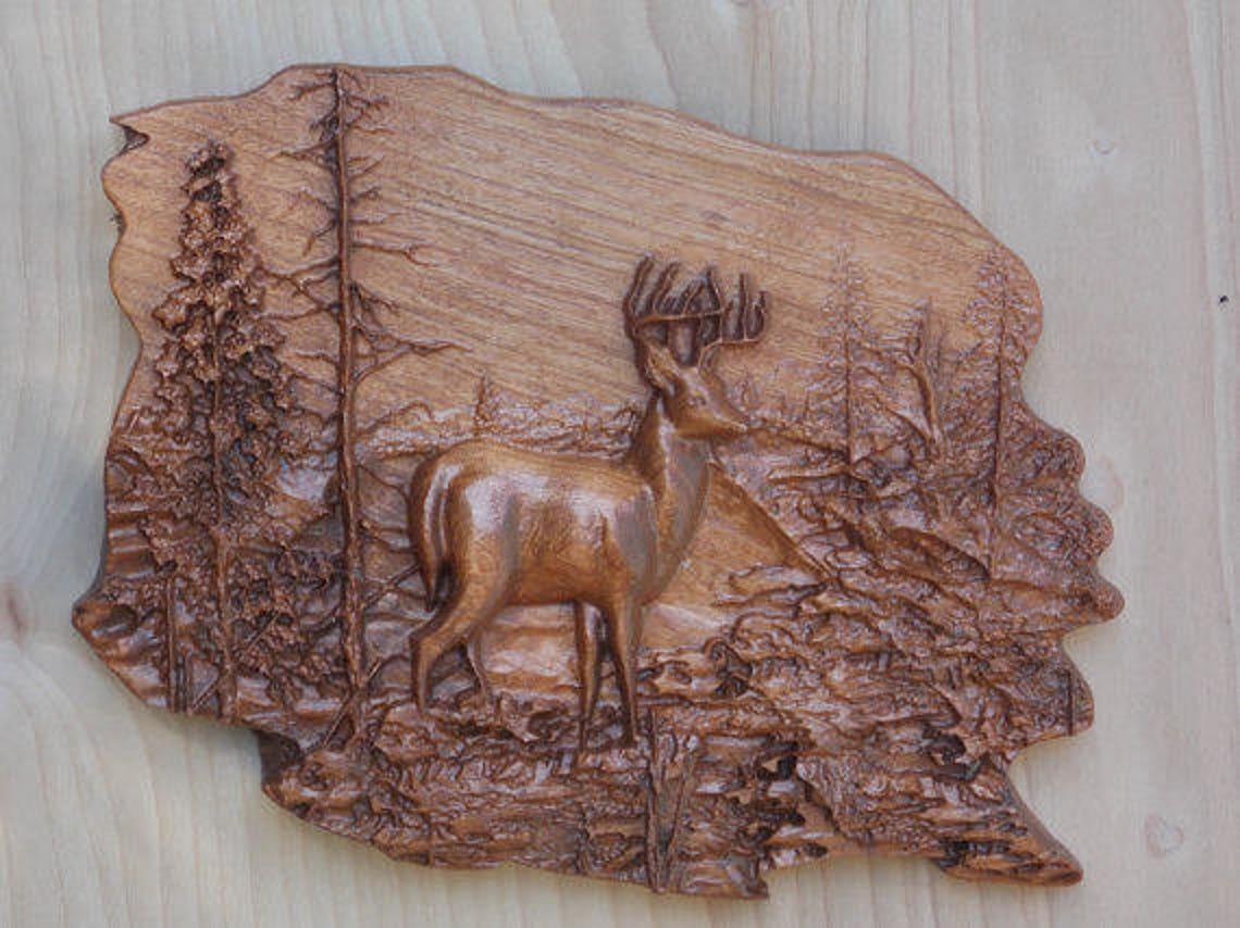 Deer Wood Wall Art Wood Wall Decor Carved Woods Scene Etsy