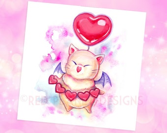 Love Moogle - 8x8 Art Print - FFXIV art - Mog Valentione&#39;s Day - Final Fantasy - kawaii