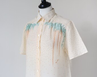 Vintage Short Sleeve Blouse 1970s - Polyester Chiffon - M  / UK  12