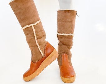 Arktis Style Vintage 1970s Sheepskin Long Boots - Snow Boots - Fit UK 6.5 / 39.5