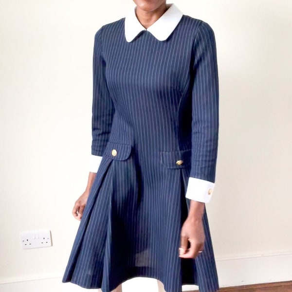 1960s Vintage Blue Pinstripe Dress - Mary Quant Style - Fit M / L - UK 12 / 14