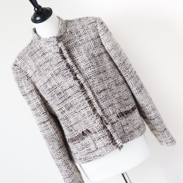 Boucle Tweed Jacke - Wollmischung - Creme / Braun - M / UK 12