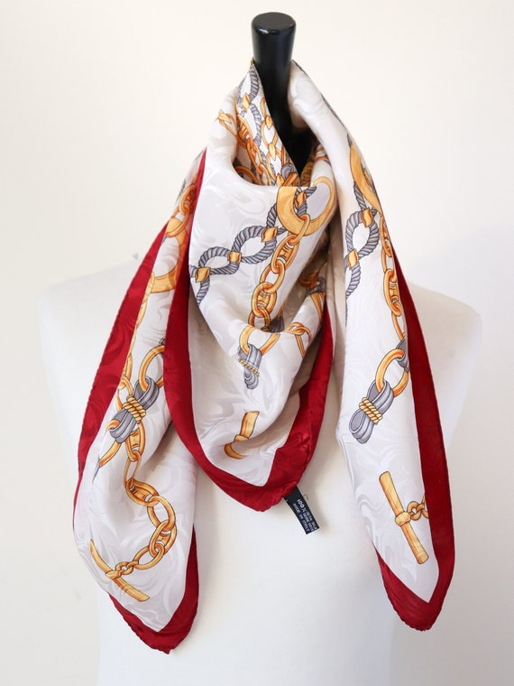 Vintage Silk Scarf - Gilt Chain Print - Cream / Burgundy Red
